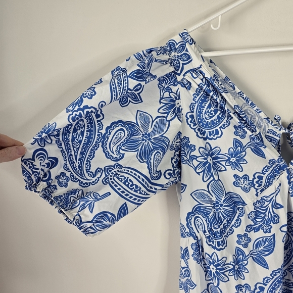 Xirena Nissa Mini Dress Puff Sleeves Santorini Print Size L Euro Summer Coastal - Picture 6 of 16